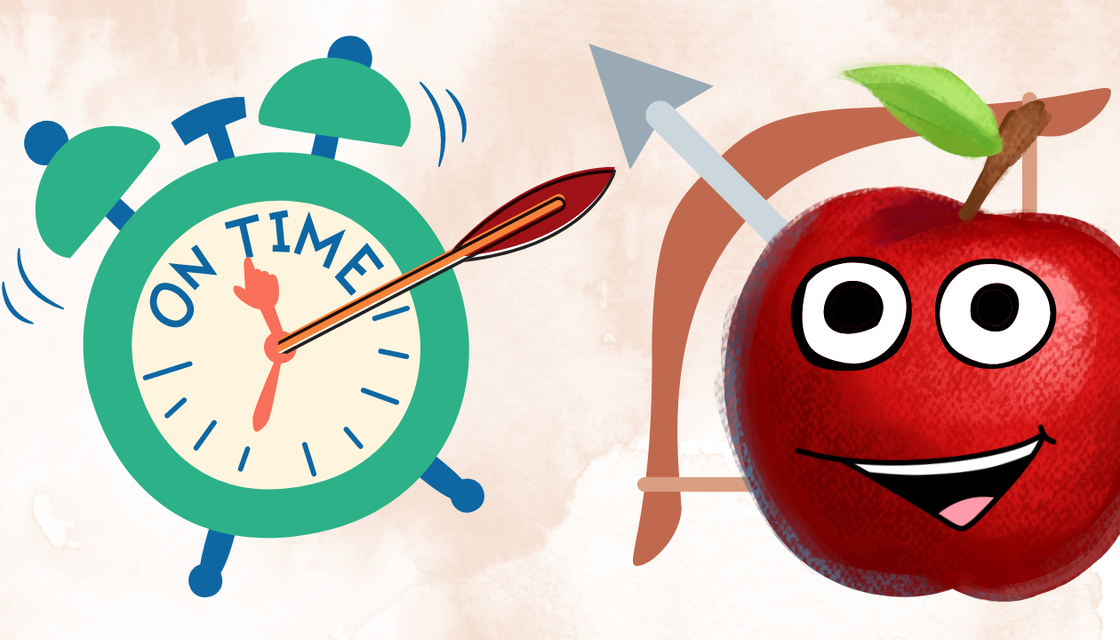 a red apple shooting an arrow towards a clock, bullseye